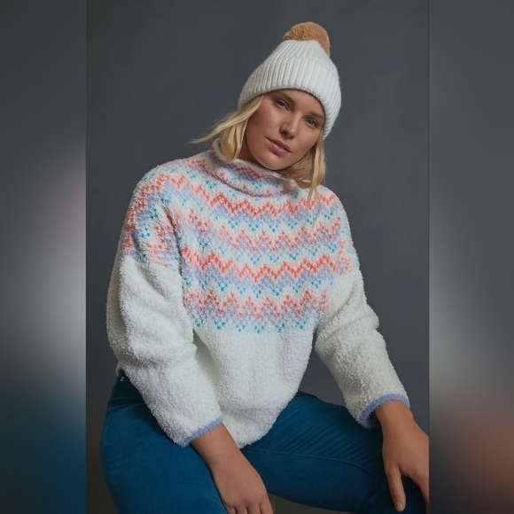 Anthropologie White Colorful Patterned Cozy Chunky Oversized Mock Neck Sweater - Picture 5 of 14